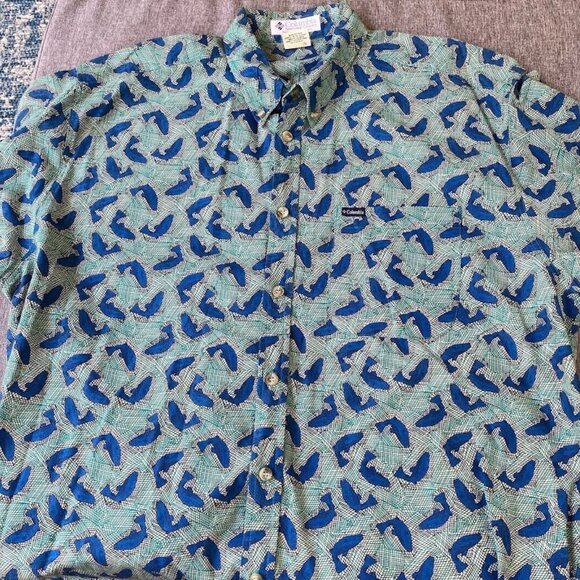 Vintage Columbia Fishing Button Down Shirt Print Fish Turquoise Blue, Large - Picture 1 of 5